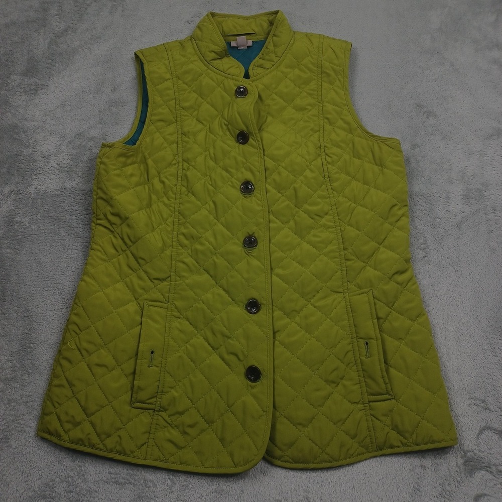 J Jill Vest Womens‎ Medium Green Quilted Pockets Preppy Casual Button Up